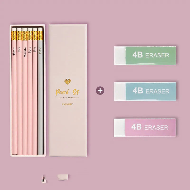 HB mixed colour pencil set with purple glitter and pale pink variants in display box packaging
