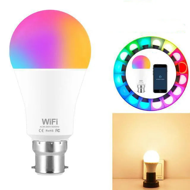 15W WiFi smart LED bulb showing RGB colour options with E27 and B22 base fittings