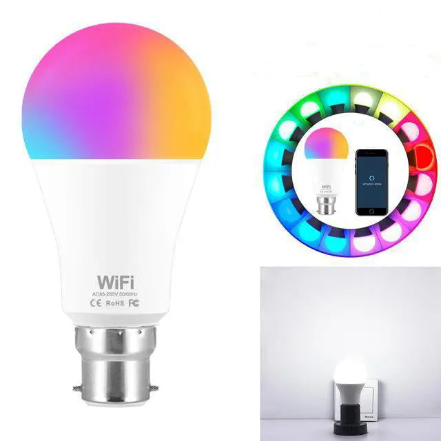 15W WiFi smart LED bulb showing RGB colour options with E27 and B22 base fittings