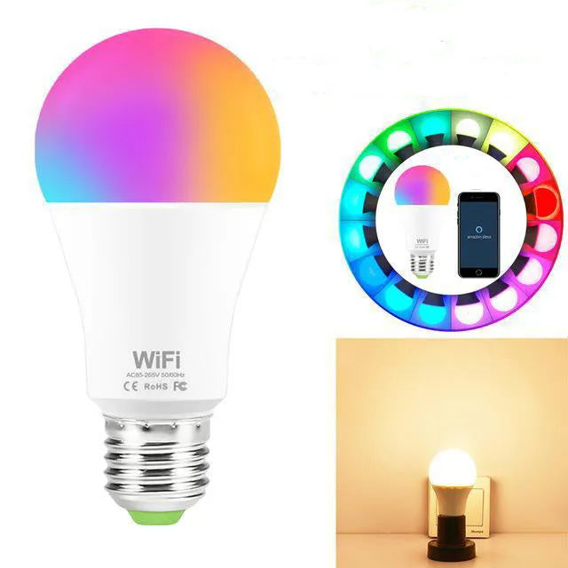 15W WiFi smart LED bulb showing RGB colour options with E27 and B22 base fittings