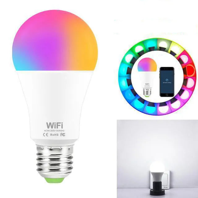 15W WiFi smart LED bulb showing RGB colour options with E27 and B22 base fittings