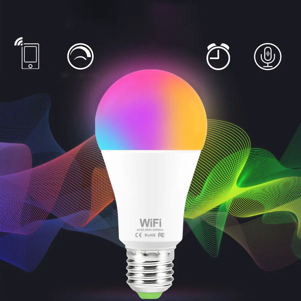 15W WiFi smart LED bulb showing RGB colour options with E27 and B22 base fittings