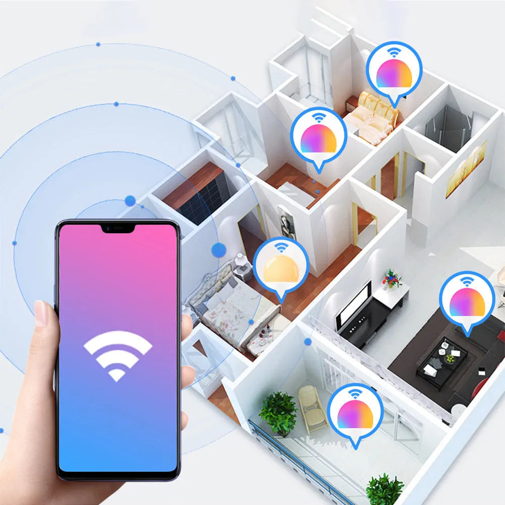 15W WiFi smart LED bulb showing RGB colour options with E27 and B22 base fittings