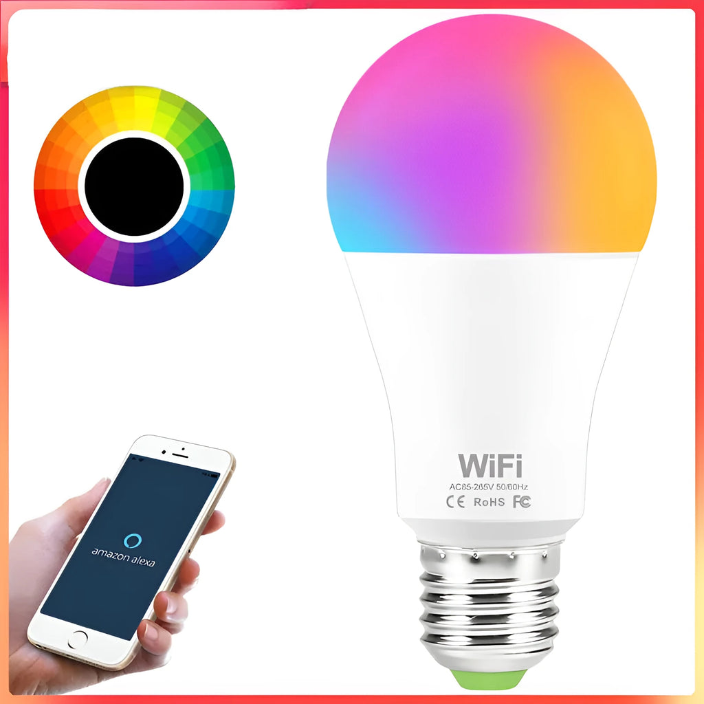 15W WiFi smart LED bulb showing RGB colour options with E27 and B22 base fittings