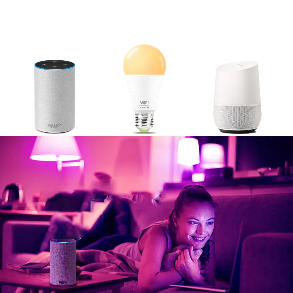15W WiFi smart LED bulb showing RGB colour options with E27 and B22 base fittings
