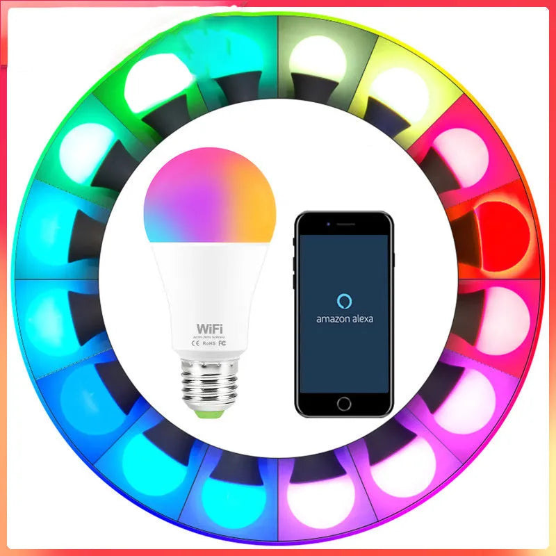 15W WiFi smart LED bulb showing RGB colour options with E27 and B22 base fittings