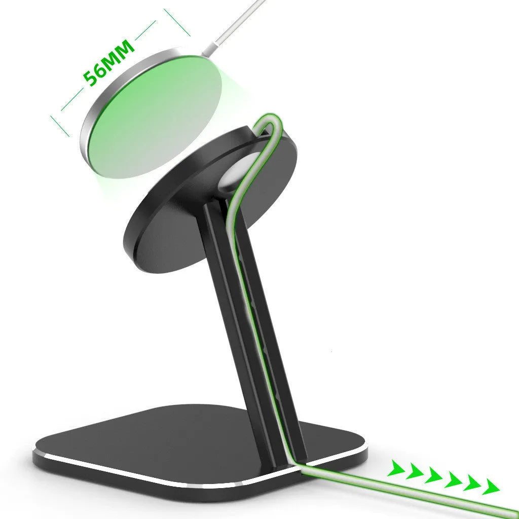 Black magnetic bracket wireless charger stand for iPhone 12 on a desktop