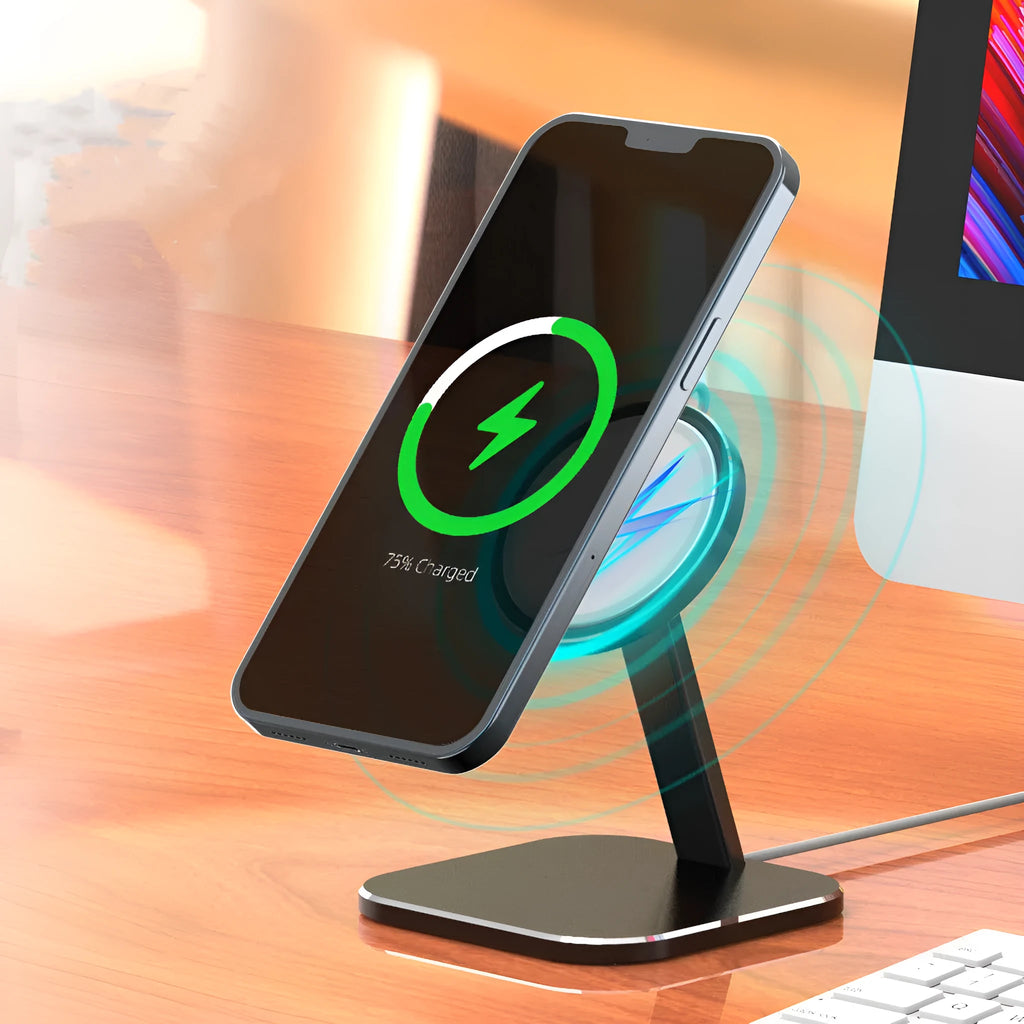 Black magnetic bracket wireless charger stand for iPhone 12 on a desktop