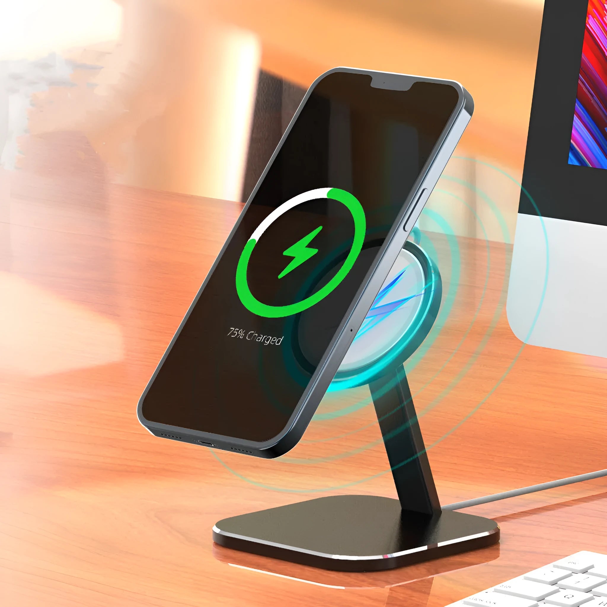 Black magnetic bracket wireless charger stand for iPhone 12 on a desktop