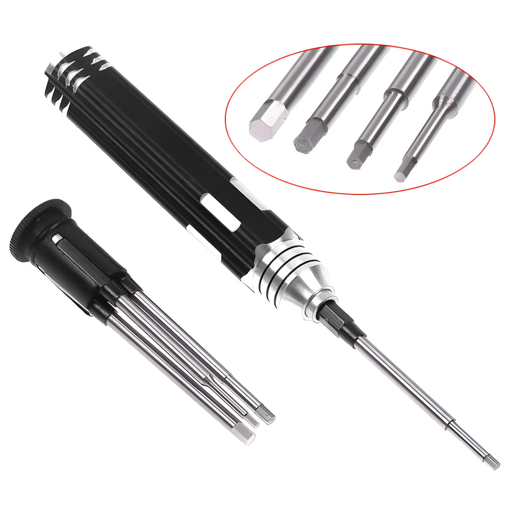 Black aluminium handle four-in-one hex screwdriver with four carbon steel bits for aeromodelling