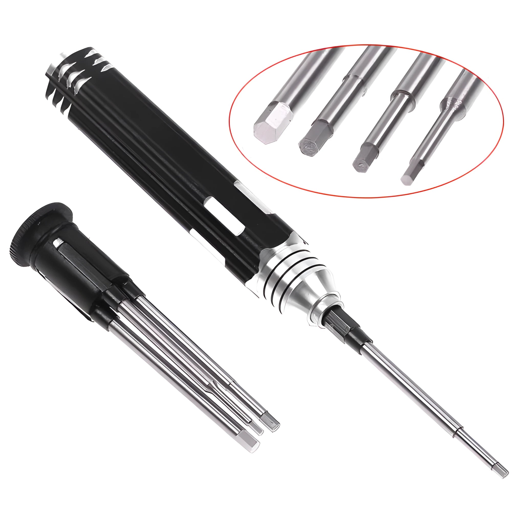 Black aluminium handle four-in-one hex screwdriver with four carbon steel bits for aeromodelling