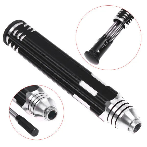 Black aluminium handle four-in-one hex screwdriver with four carbon steel bits for aeromodelling