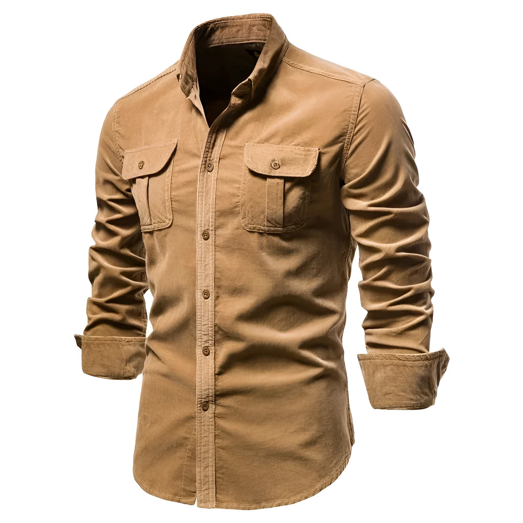 Men's long sleeve linen shirt in multiple colours including denim blue, army green, red and white
