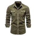 Men's long sleeve linen shirt in multiple colours including denim blue, army green, red and white
