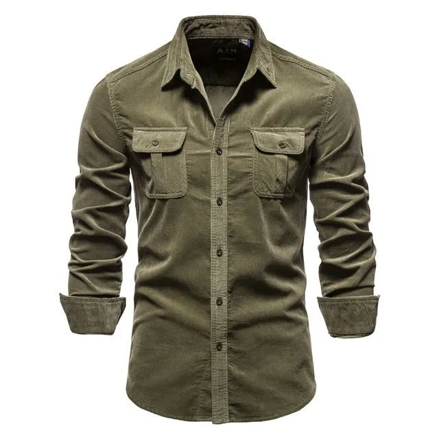 Men's long sleeve linen shirt in multiple colours including denim blue, army green, red and white