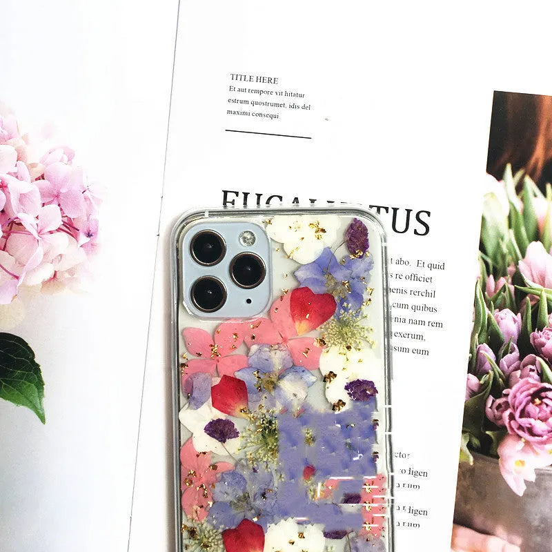 Real dried flower phone case in soft silicone for Apple iPhone, colourful floral design