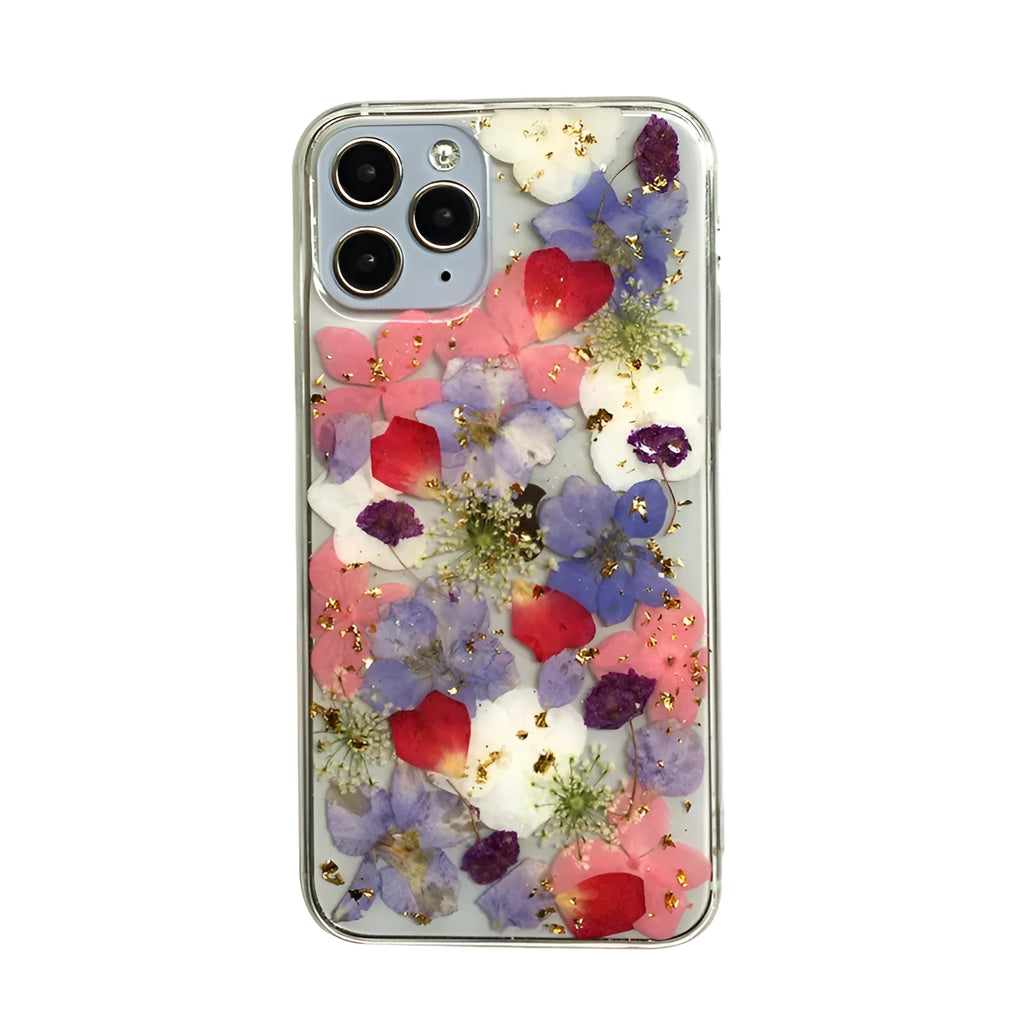 Real dried flower phone case in soft silicone for Apple iPhone, colourful floral design