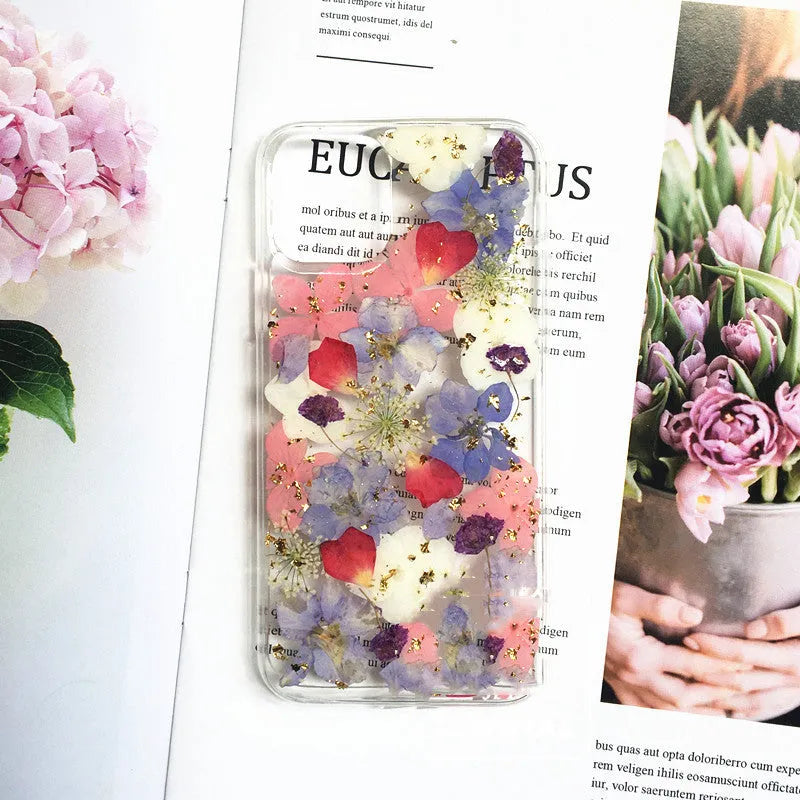 Real dried flower phone case in soft silicone for Apple iPhone, colourful floral design