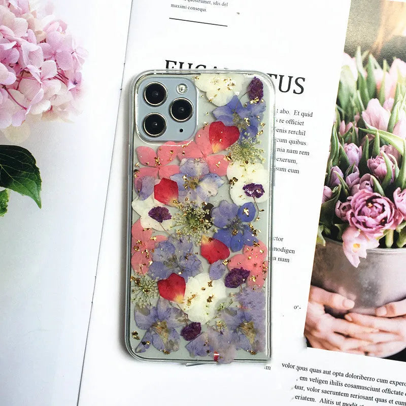 Real dried flower phone case in soft silicone for Apple iPhone, colourful floral design