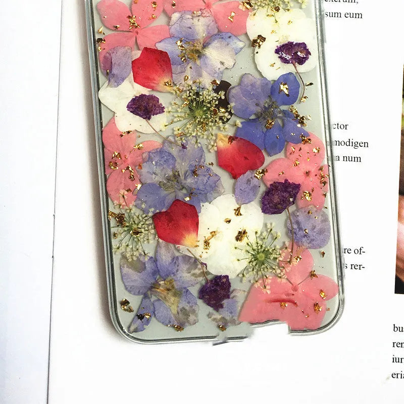 Real dried flower phone case in soft silicone for Apple iPhone, colourful floral design