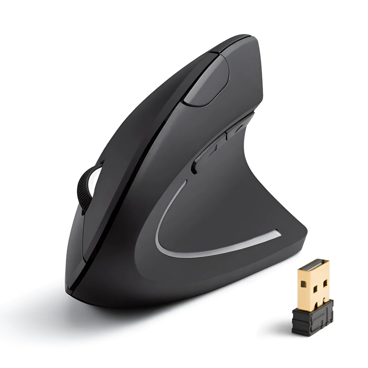 Ergonomic rechargeable 2.4G wireless vertical mouse in black, right-hand design with 4 buttons and USB receiver