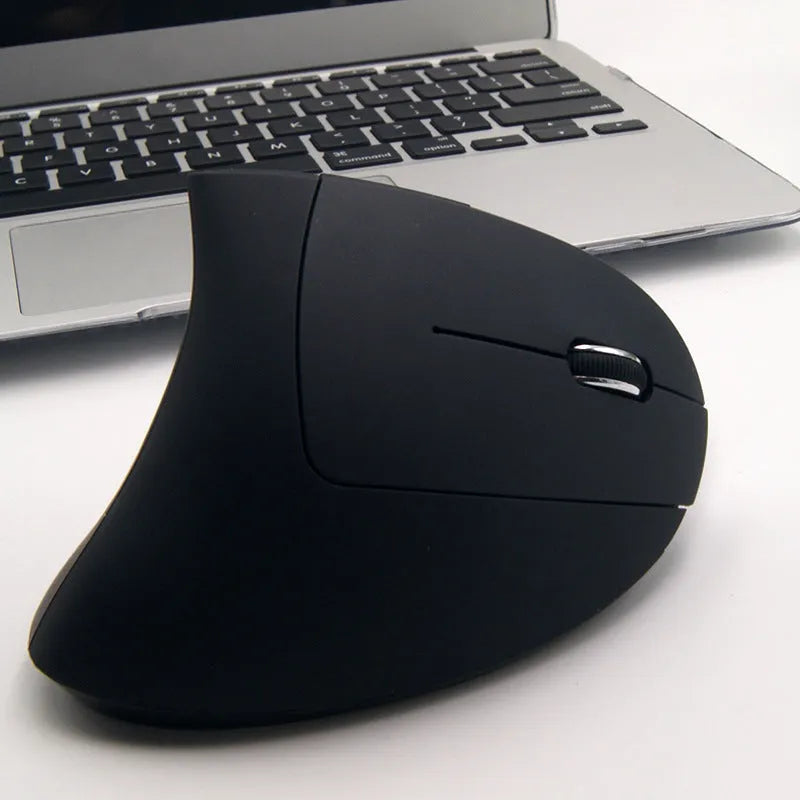 Ergonomic rechargeable 2.4G wireless vertical mouse in black, right-hand design with 4 buttons and USB receiver