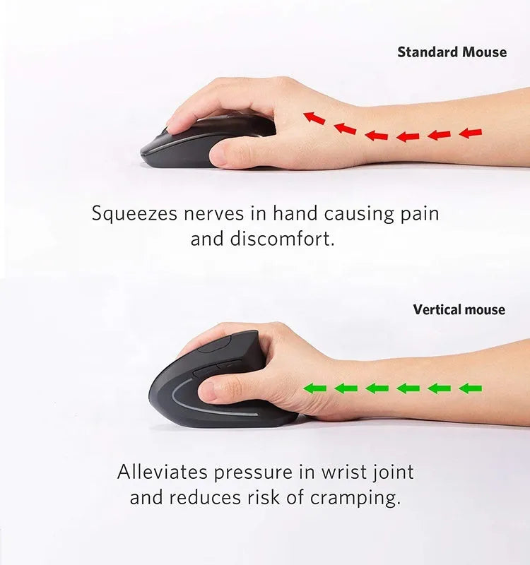 Ergonomic rechargeable 2.4G wireless vertical mouse in black, right-hand design with 4 buttons and USB receiver