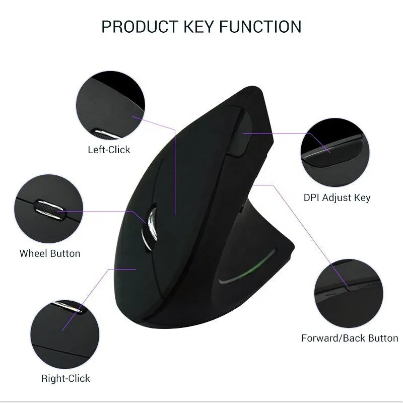 Ergonomic rechargeable 2.4G wireless vertical mouse in black, right-hand design with 4 buttons and USB receiver