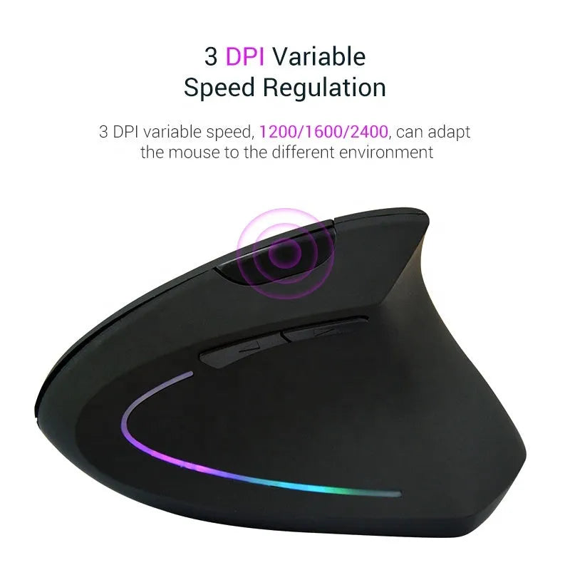Ergonomic rechargeable 2.4G wireless vertical mouse in black, right-hand design with 4 buttons and USB receiver