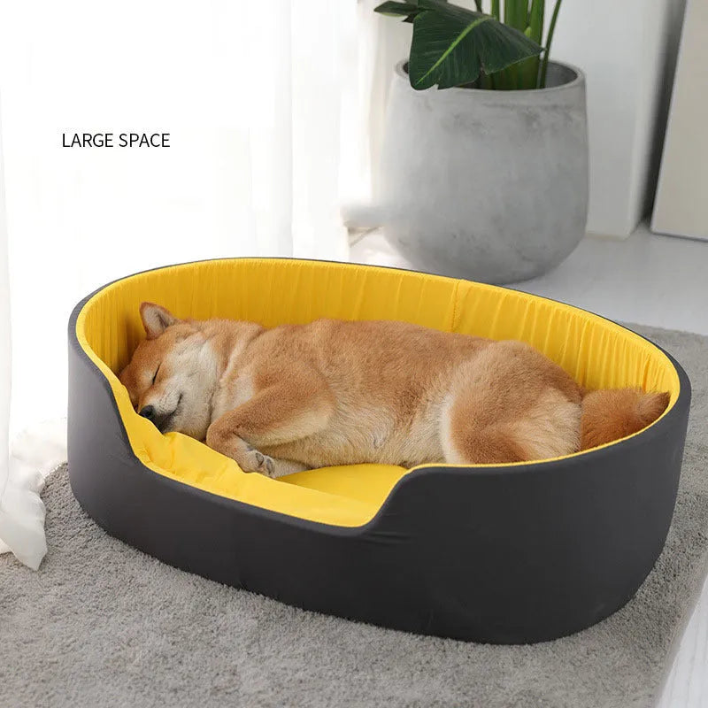 A black cloth pet kennel for a medium-sized dog resting on a carpet.