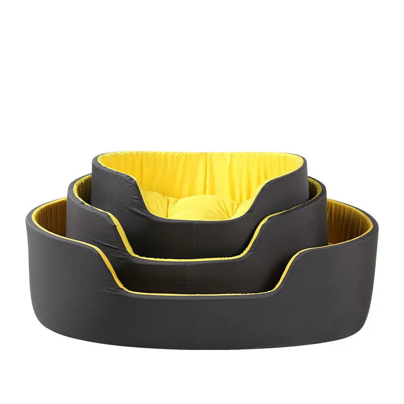 A black cloth pet kennel for a medium-sized dog resting on a carpet.