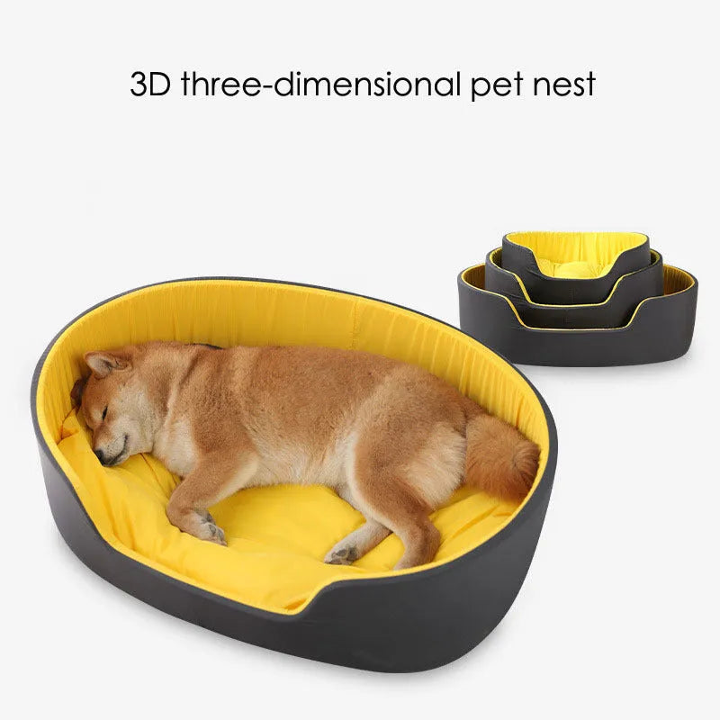 A black cloth pet kennel for a medium-sized dog resting on a carpet.