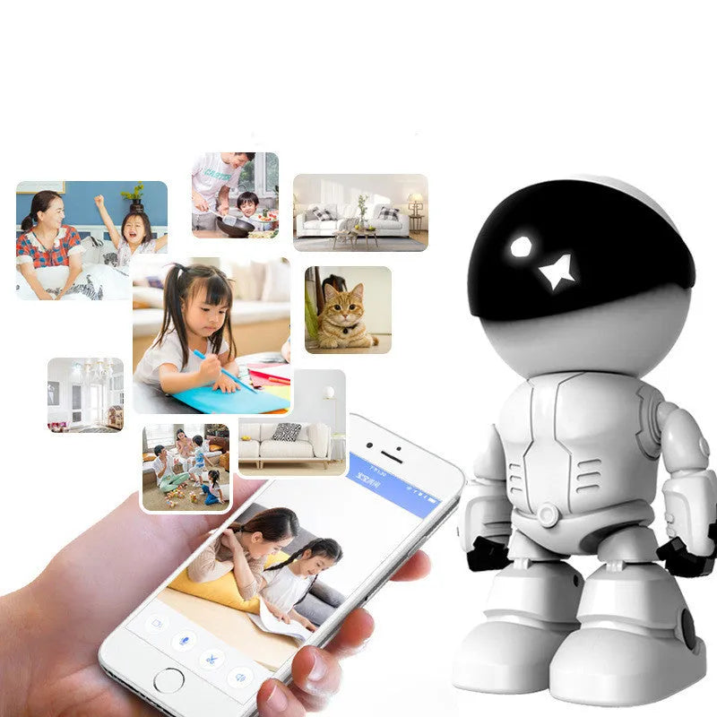 Silver remote HD night vision robot security camera with PTZ rotation capability