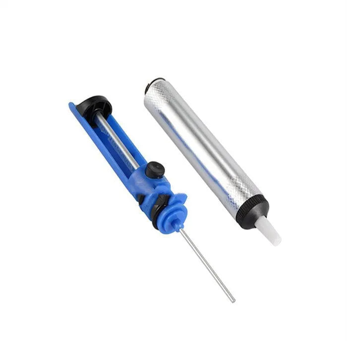 Manual solder sucker gun in blue, gold, or silver colour with ABS body and extended nozzle.
