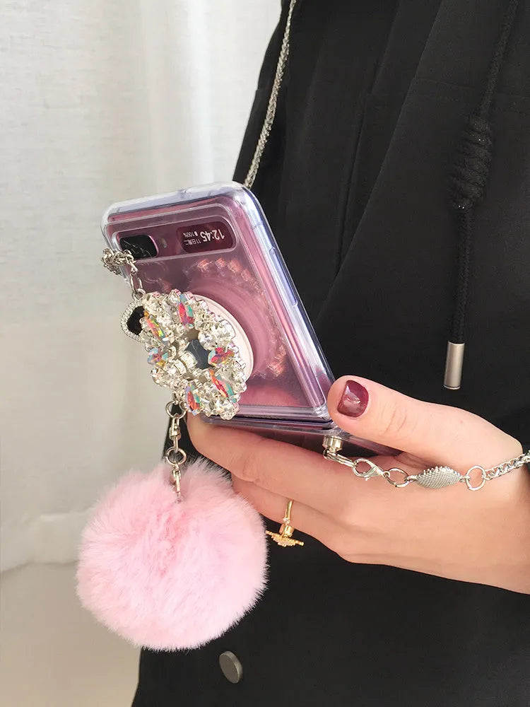 Samsung Galaxy Z Flip phone case with diagonal diamond hair powder ball cartoon pattern