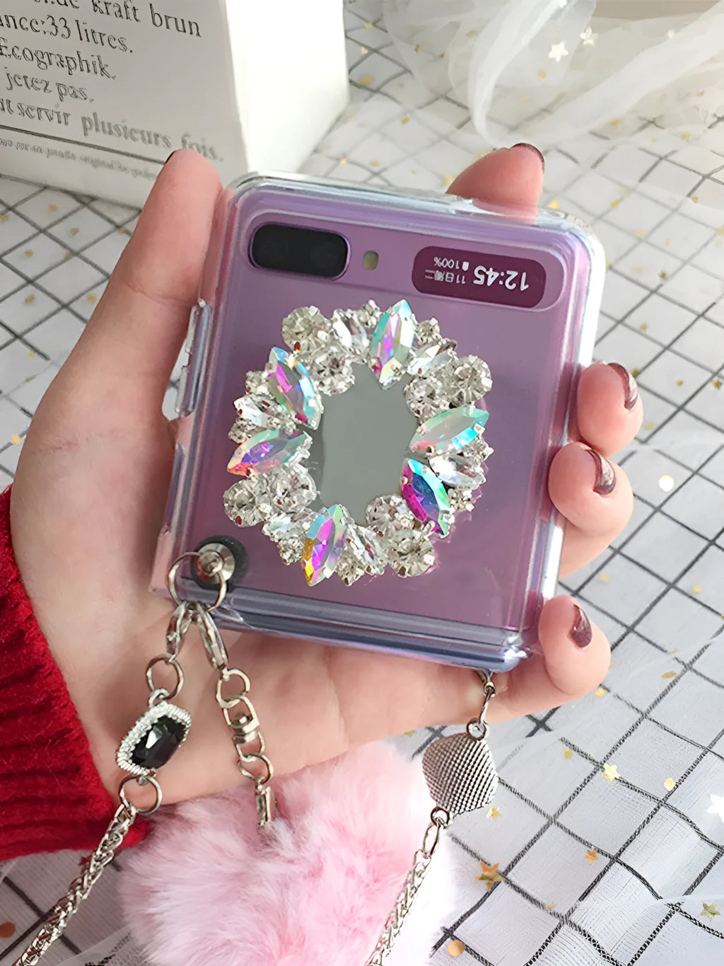 Samsung Galaxy Z Flip phone case with diagonal diamond hair powder ball cartoon pattern