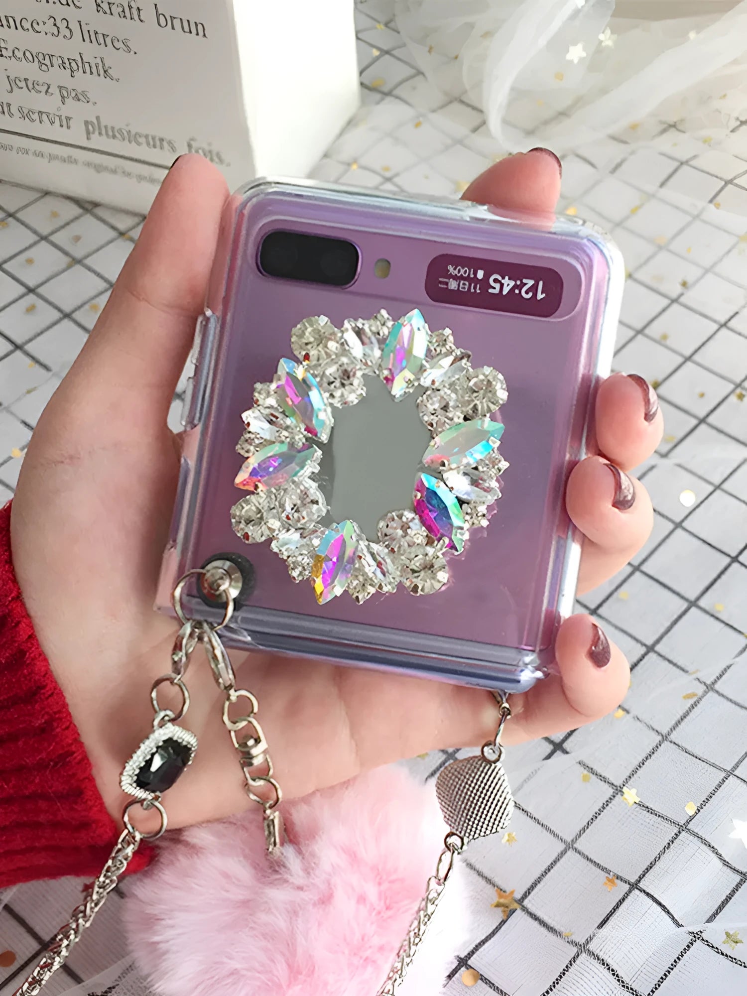 Samsung Galaxy Z Flip phone case with diagonal diamond hair powder ball cartoon pattern