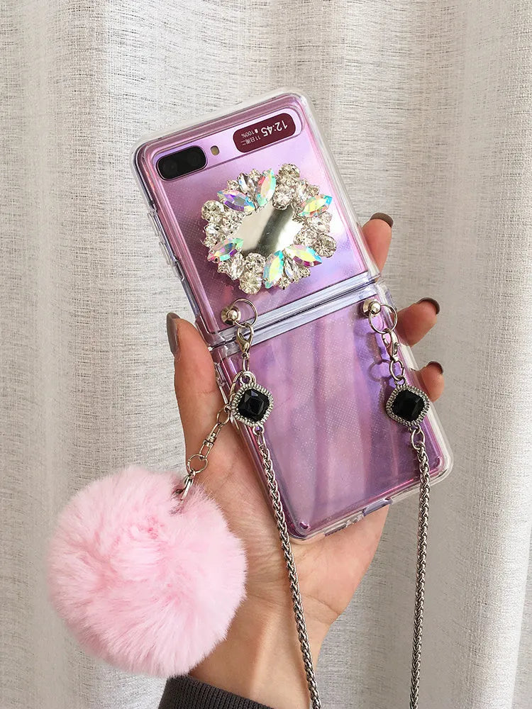 Samsung Galaxy Z Flip phone case with diagonal diamond hair powder ball cartoon pattern