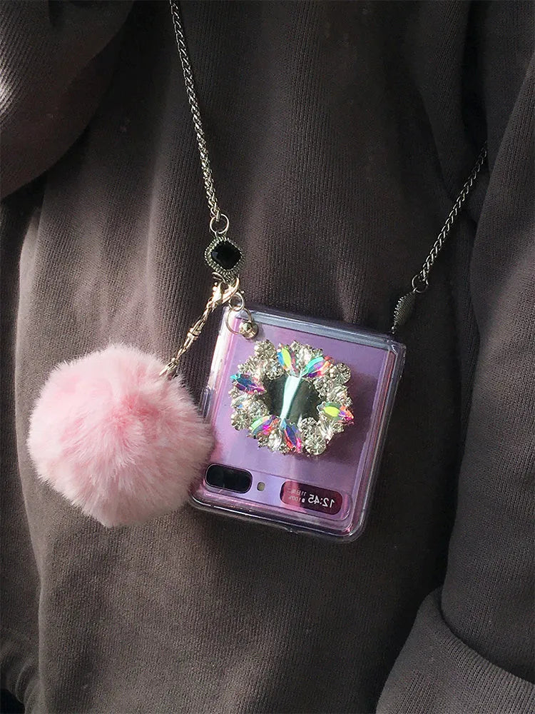 Samsung Galaxy Z Flip phone case with diagonal diamond hair powder ball cartoon pattern