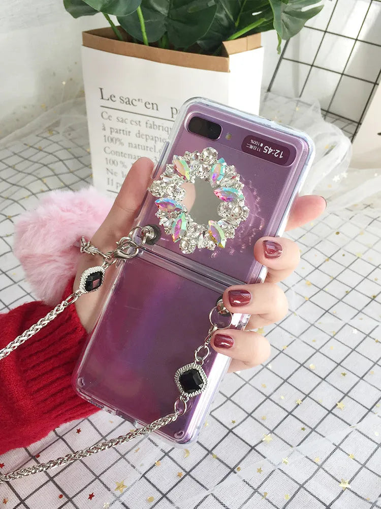 Samsung Galaxy Z Flip phone case with diagonal diamond hair powder ball cartoon pattern