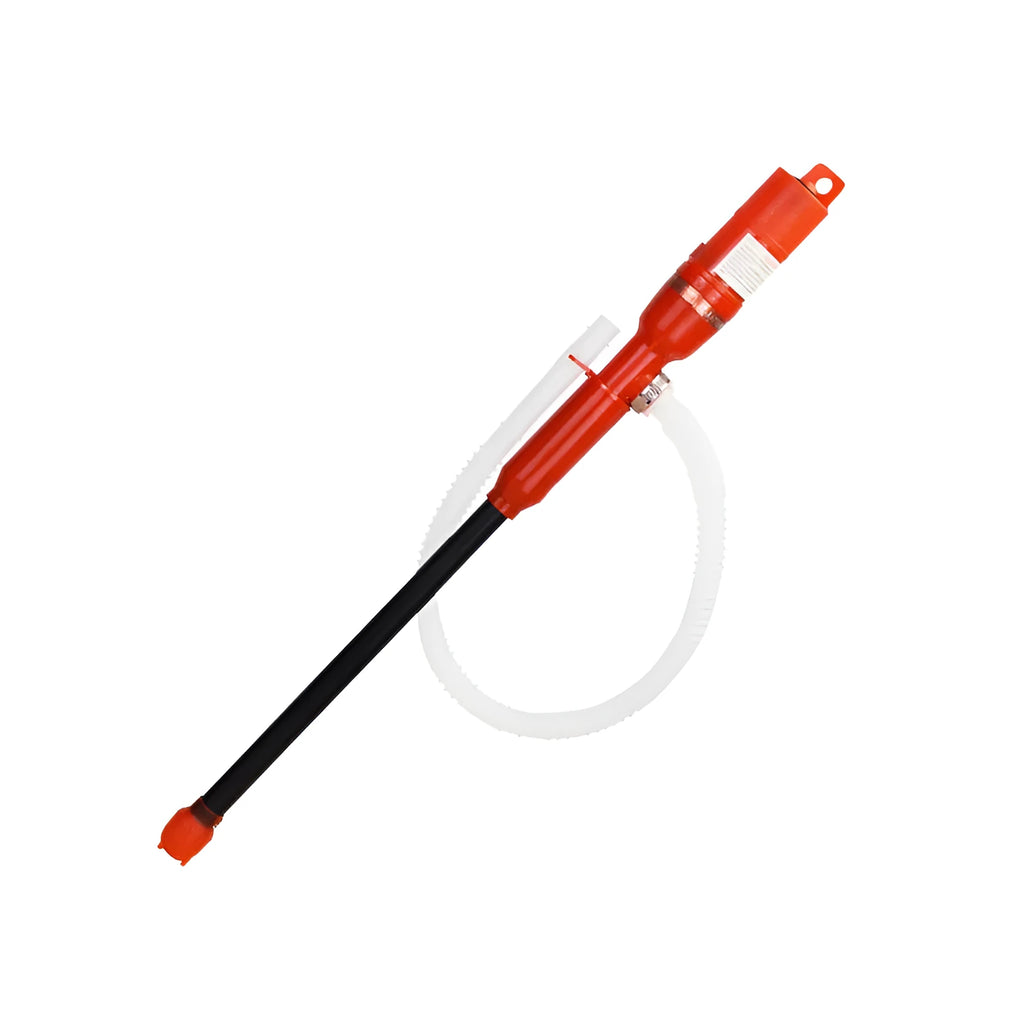 Red 12V/24V DC portable electric diesel fuel oil pump with 4.1m wire and 16mm outlet on white background