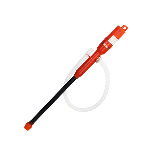 Red 12V/24V DC portable electric diesel fuel oil pump with 4.1m wire and 16mm outlet on white background