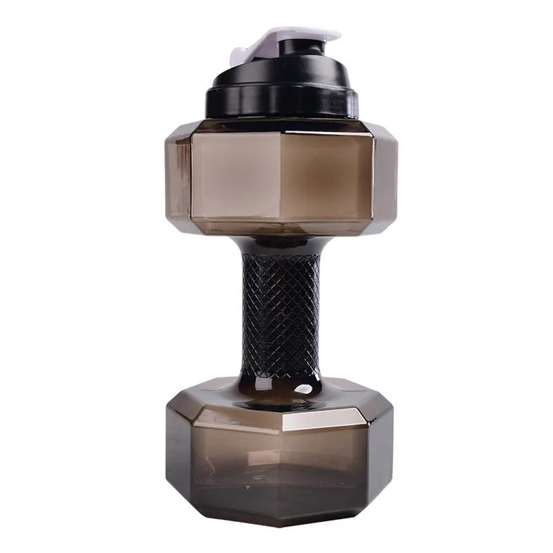 Fitness dumbbell cup creative sports water bottle in black with push cap and handle