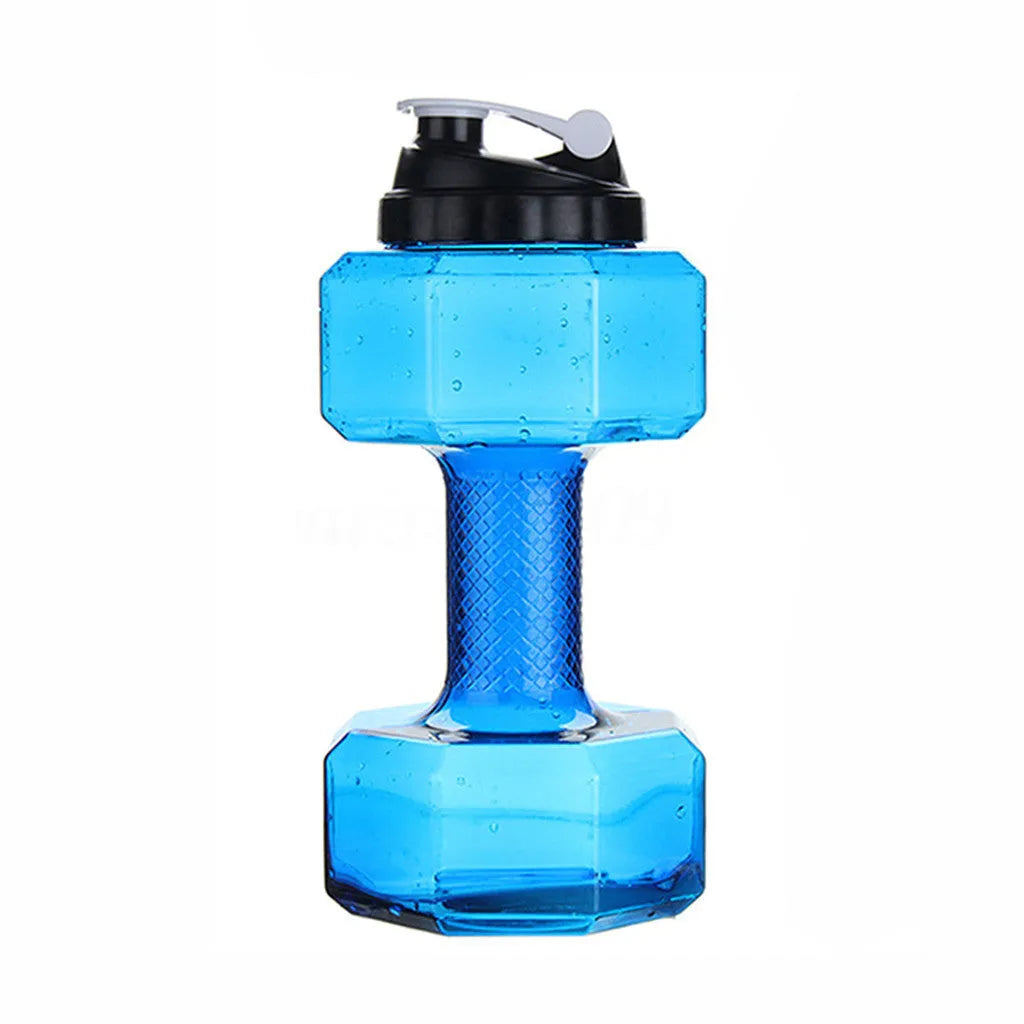 Fitness dumbbell cup creative sports water bottle in black with push cap and handle
