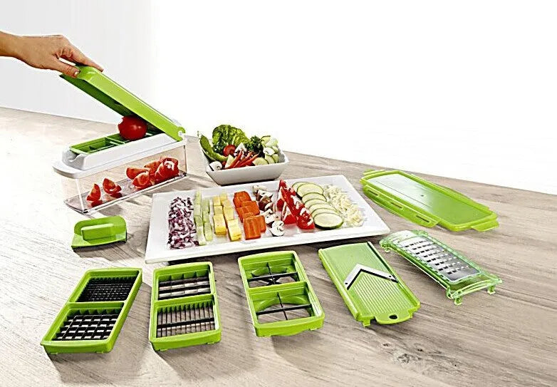 12-piece manual vegetable chopper set with stainless steel blades and green ABS plastic body
