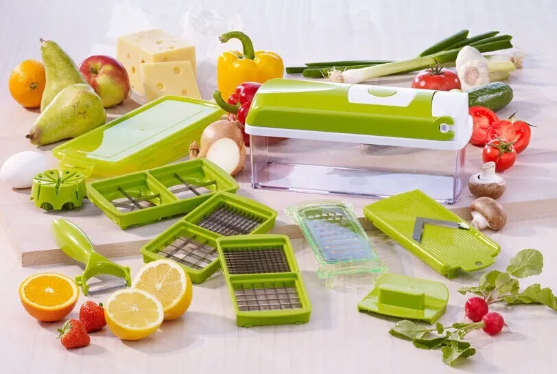 12-piece manual vegetable chopper set with stainless steel blades and green ABS plastic body