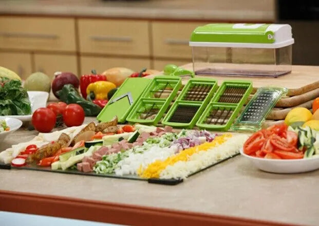 12-piece manual vegetable chopper set with stainless steel blades and green ABS plastic body