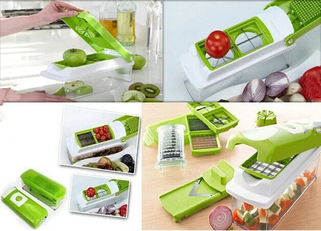 12-piece manual vegetable chopper set with stainless steel blades and green ABS plastic body