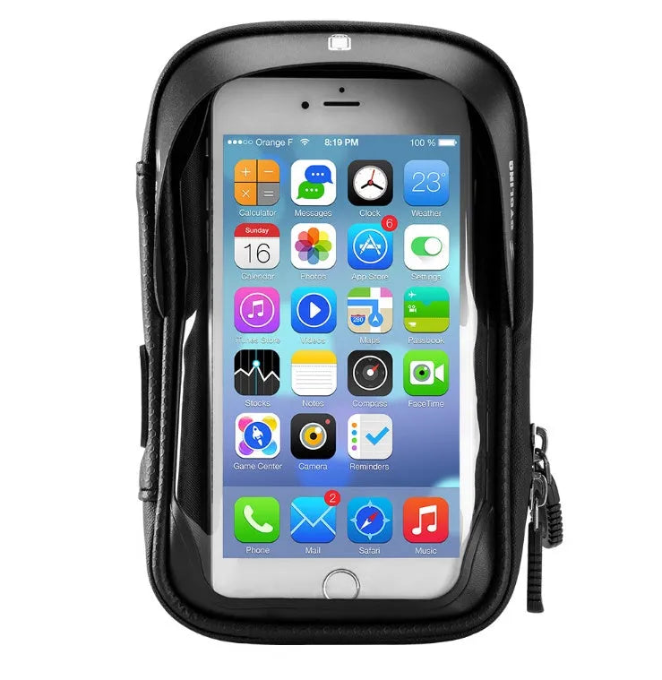 Black bicycle handlebar bag with transparent touch screen phone mount and rotating base mounted on a bike