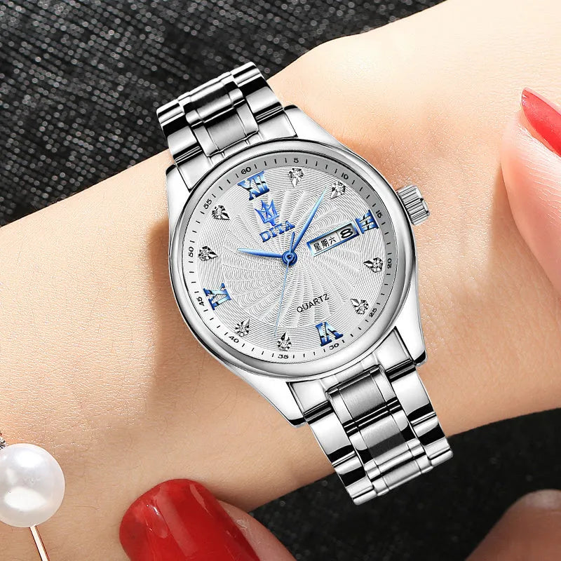 New matching couple watches set men and women quartz waterproof round dial metal strap rhinestone fashion